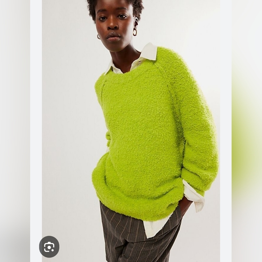 Free People Bright Lime Green Bouclรฉ Crewneck Sweater